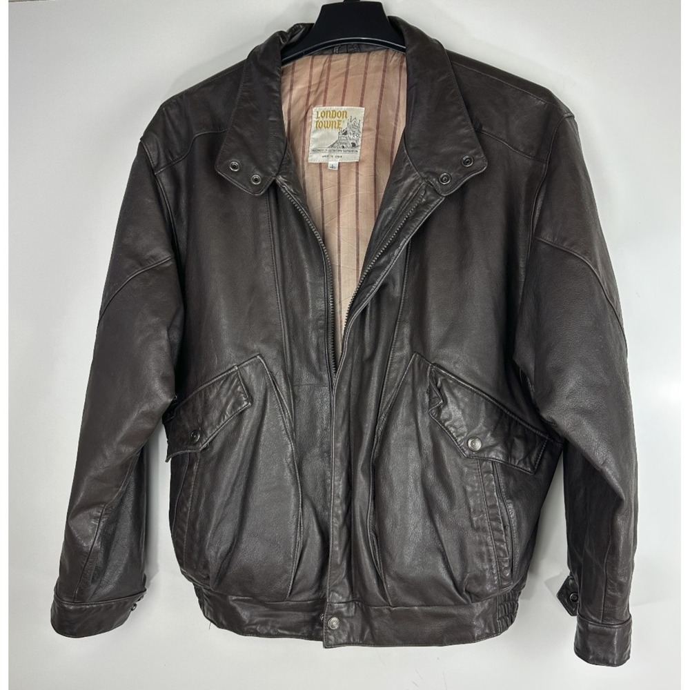 Vtg London Towne Leather Jacket Men's Large Brown Bomber Distressed 90s Style - Picture 4 of 16